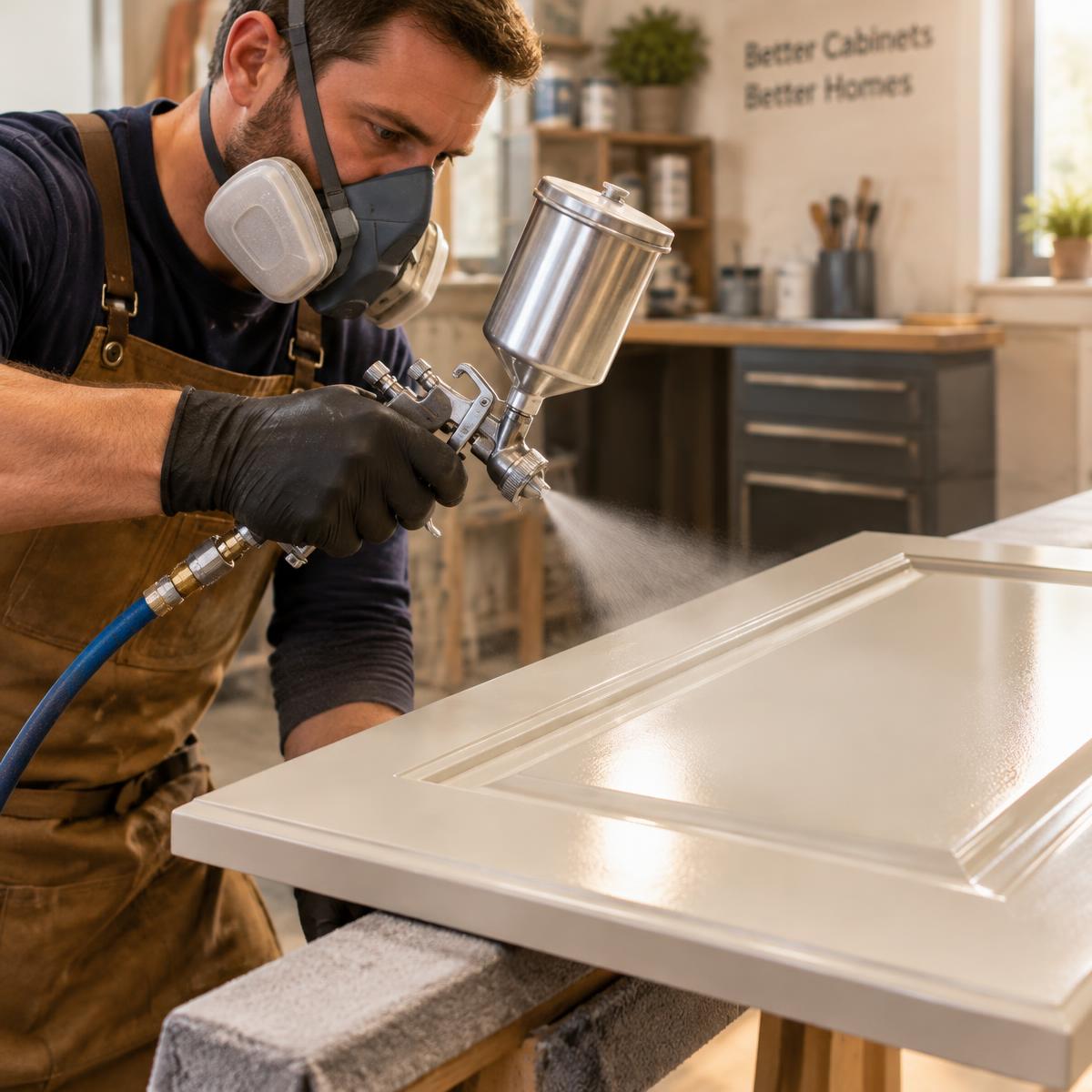 Craftsman spray-finishing a cabinet door