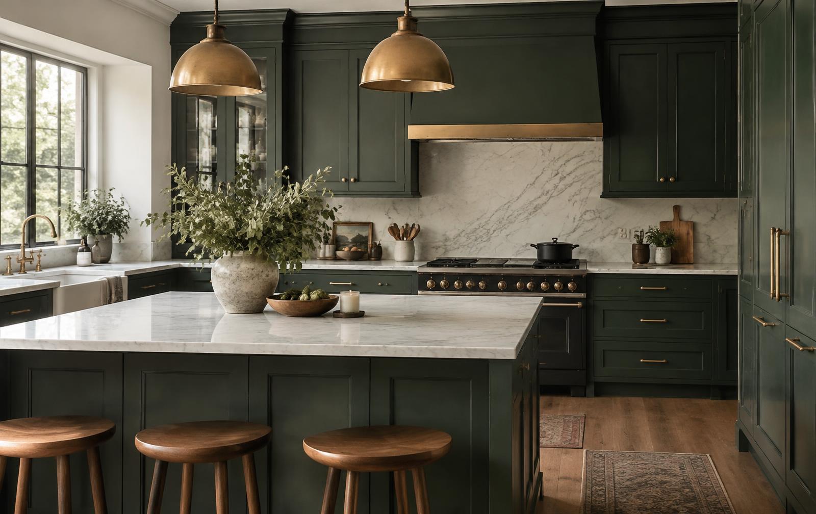 Refinished green kitchen cabinets with brass hardware